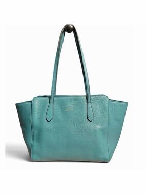 Gucci Swing Tote Teal Turquoise Pebbled Leather Gold Hardware Handbag with COA